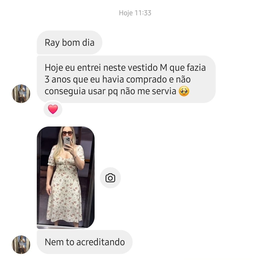 Mensagem de paciente: hoje entrei neste vestido M, comprado há três anos, que não conseguia usar porque não me servia. Nem estou acreditando.